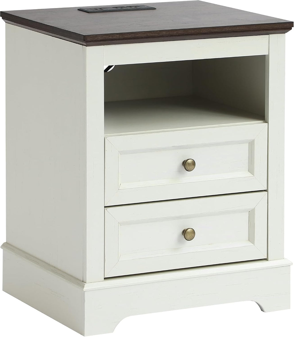 LOUVIXA Nightstand with Charging Station, Farmhouse Night Stand with 2 Drawers, Bedside Cabinet for Bedroom, End Table Side Table with Storage (1, White)