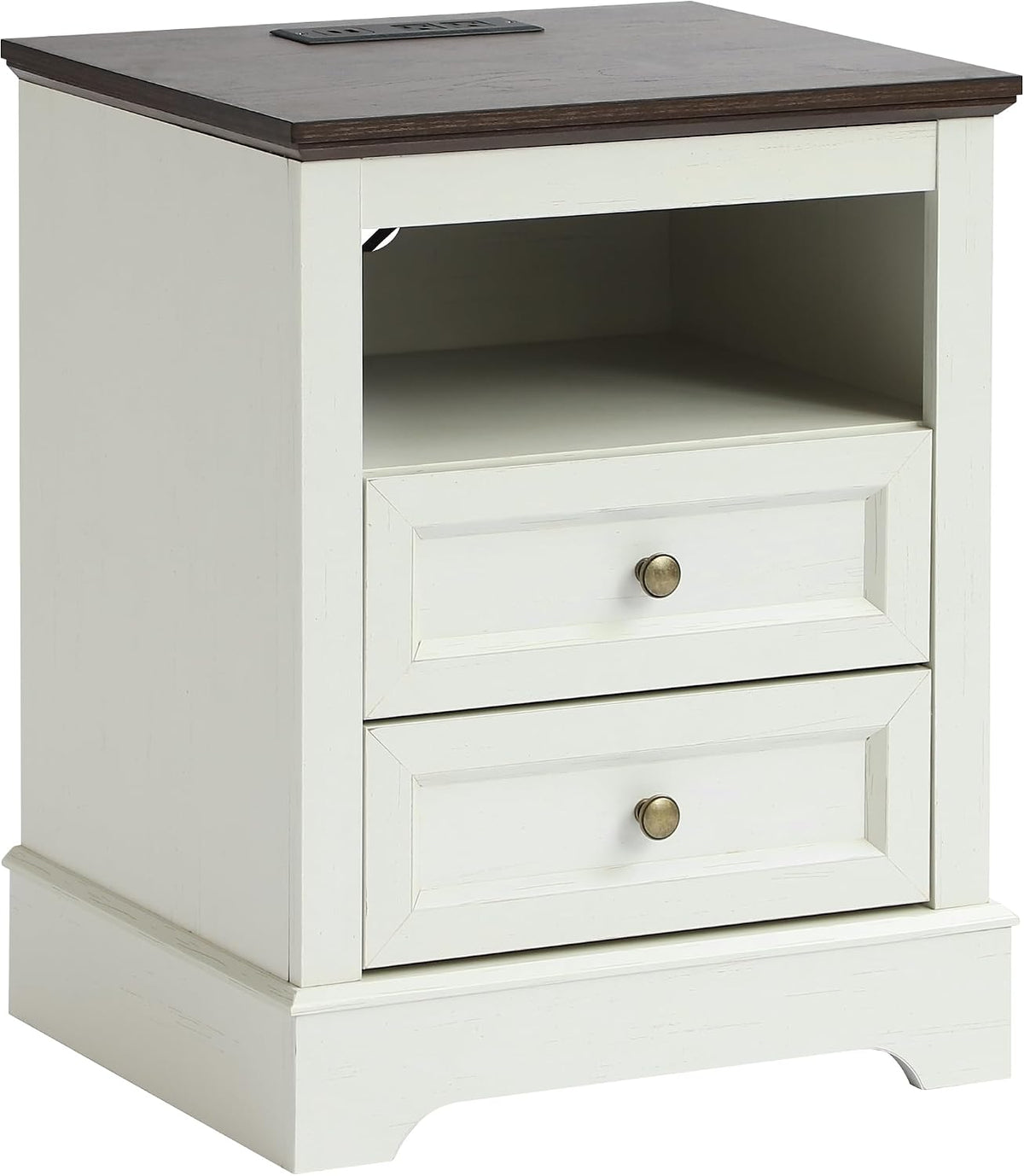 LOUVIXA Nightstand with Charging Station, Farmhouse Night Stand with 2 Drawers, Bedside Cabinet for Bedroom, End Table Side Table with Storage (1, White)
