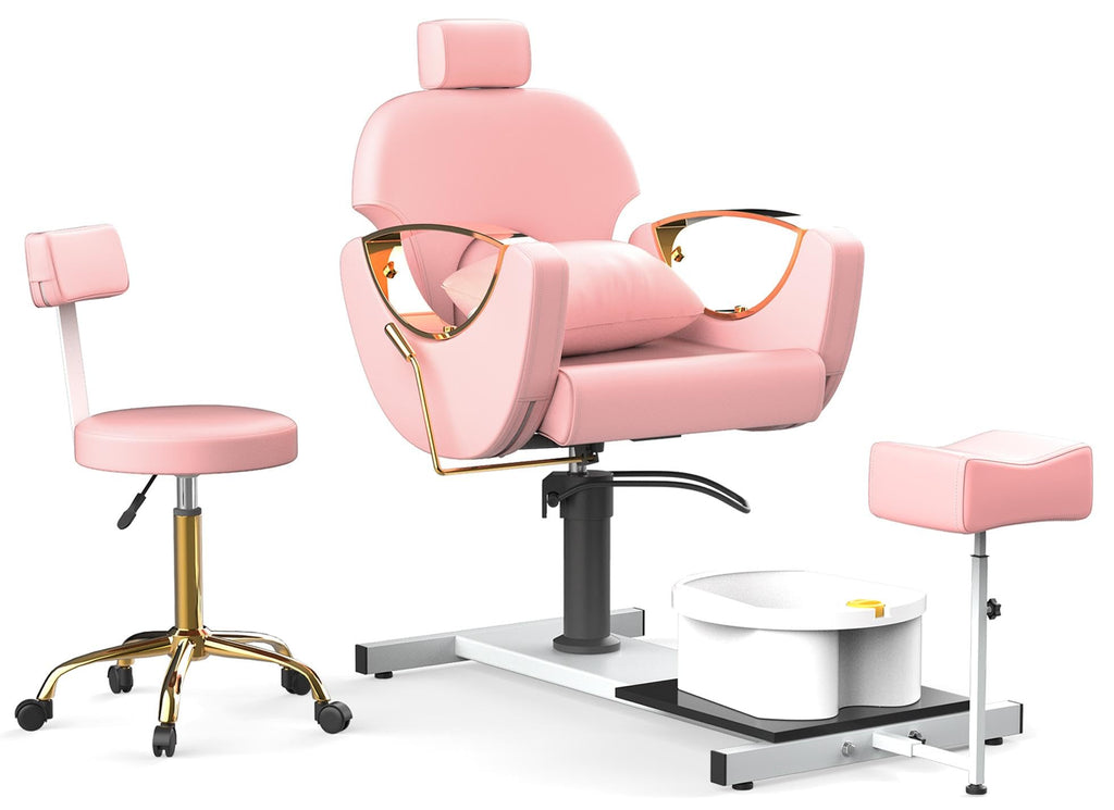 LOUVIXA Pedicure Station No Plumbing, Hydraulic Pedicure Chair for Nail Tech, Height Adjustable Reclining Pedicure Station Unit, with Massage Foot Bath (Cream White-Pillow)