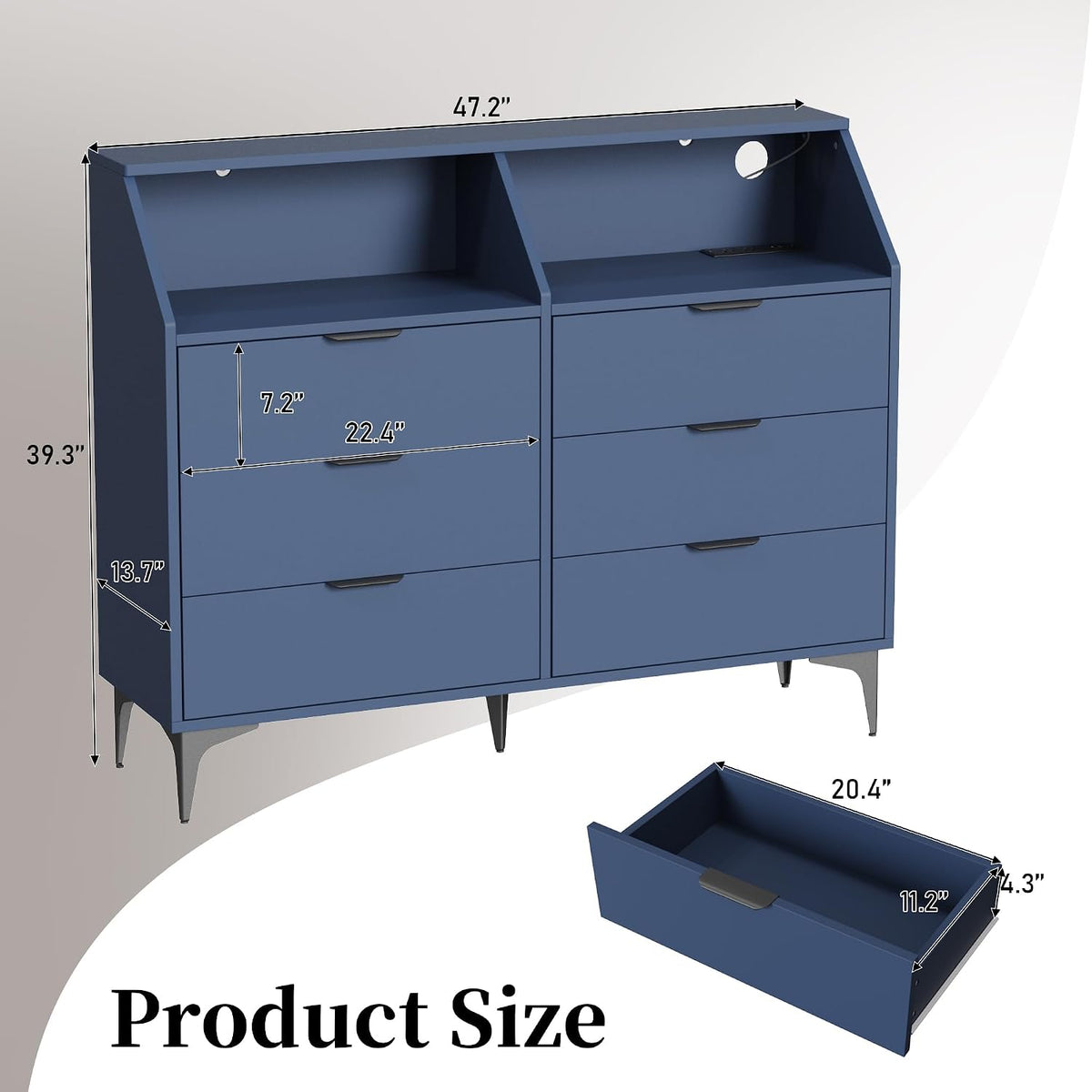 LOUVIXA 6 Drawer Dresser with LED Light, Chest of Drawers with Charging Station, Large Double Dressers, Wooden Dressers for Bedroom, Living Room, Entryway, Hallway (Blue)