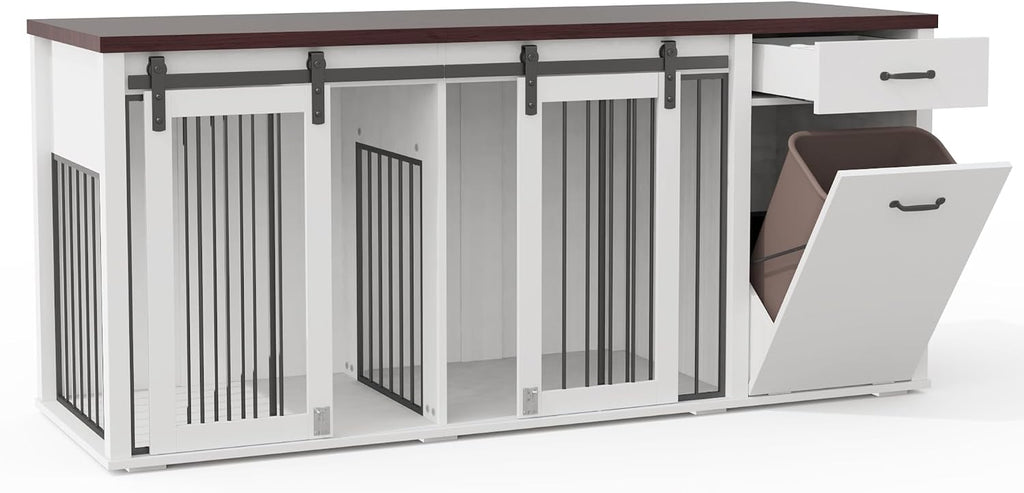 71" Large Dog Crate Furniture for 2 Dogs, Wooden Dog Kennel with Drawer, Furniture Style Dog Crates, Decorative Dog Crate with Tilt Out Trash Cabinet, Divider and Sliding Barn Door (White)