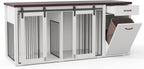 71" Large Dog Crate Furniture for 2 Dogs, Wooden Dog Kennel with Drawer, Furniture Style Dog Crates, Decorative Dog Crate with Tilt Out Trash Cabinet, Divider and Sliding Barn Door (White)