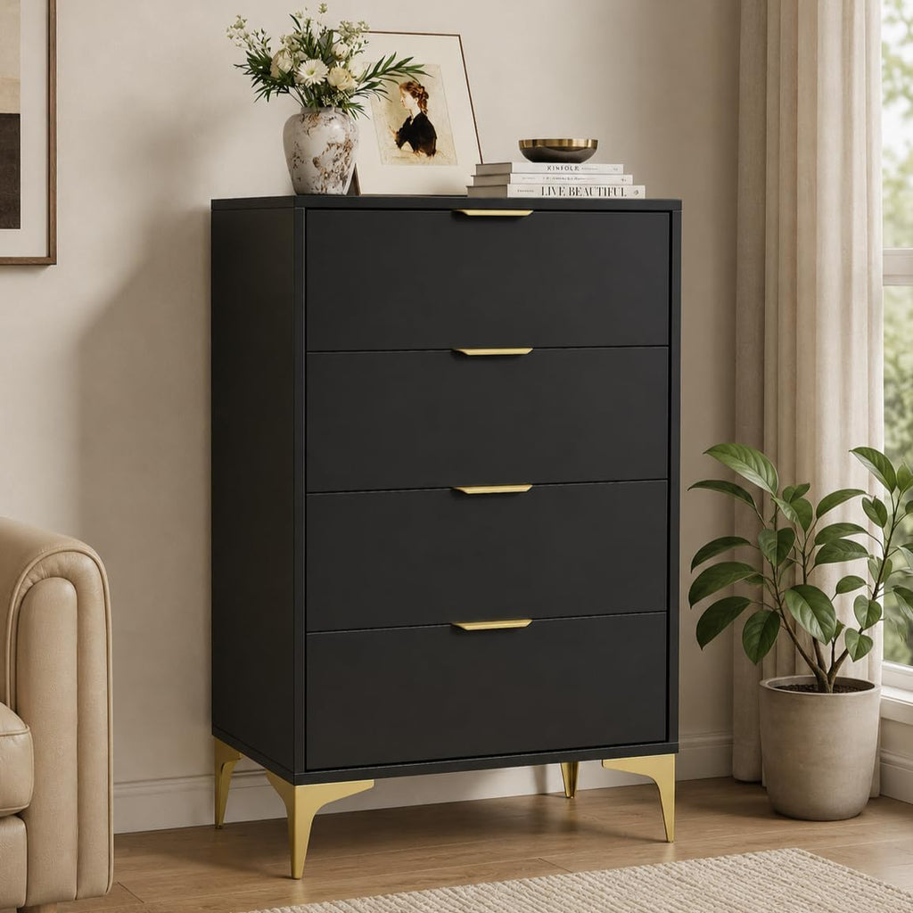 LOUVIXA Dresser for Bedroom with 4 Drawers, Wood Chest of Drawers, Dresser Storage Cabinet, 4 Drawer Dressers for Bedroom, Living Room, Entryway, Cloakroom (Black)
