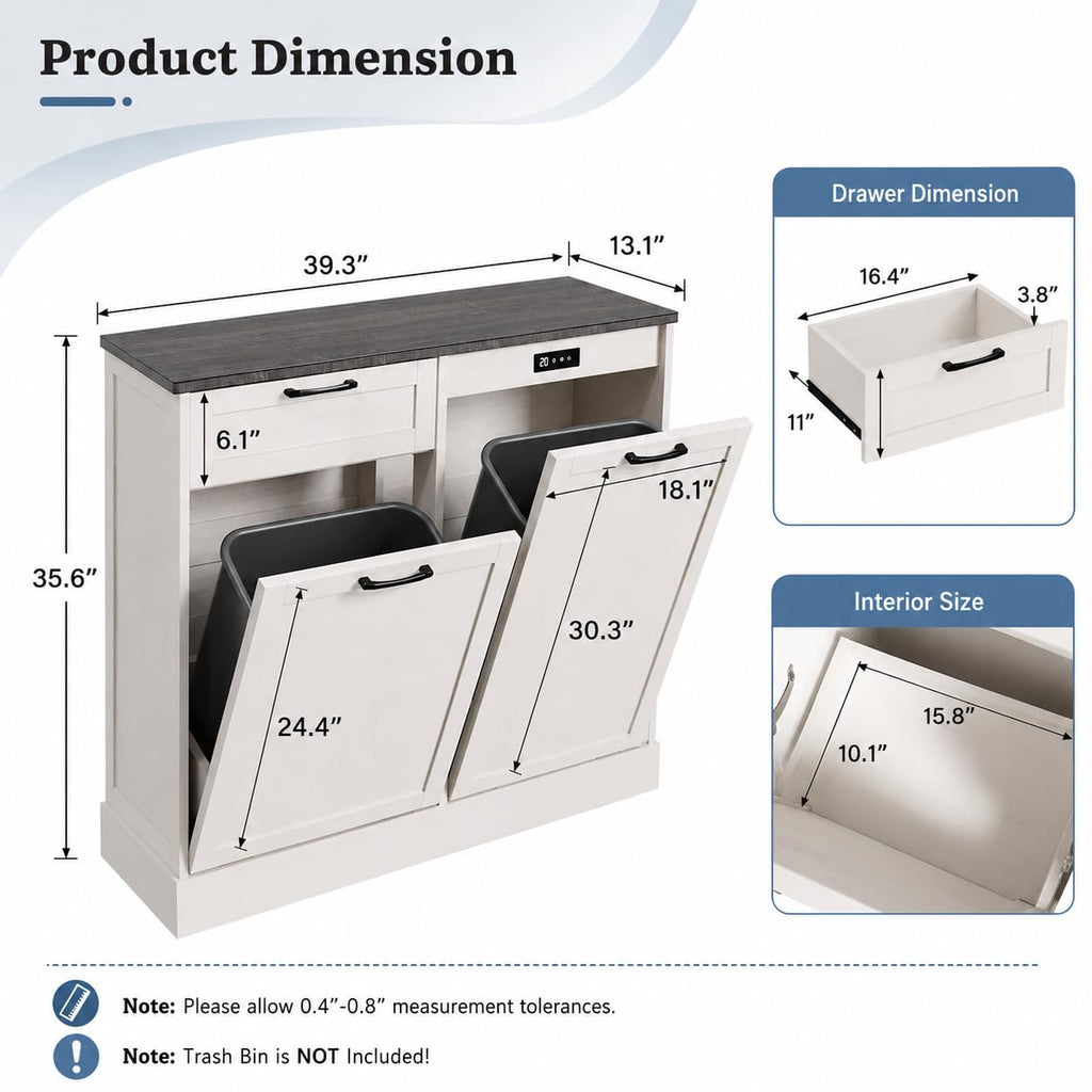 LOUVIXA Double Tilt Out Trash Cabinet, Kitchen Island with Trash Storage, Trashcan Cabinet for Kitchens, Wood Cabinet with Trash Can Pull Out, Dog Proof Trash Can (Off White, 20 Gal)