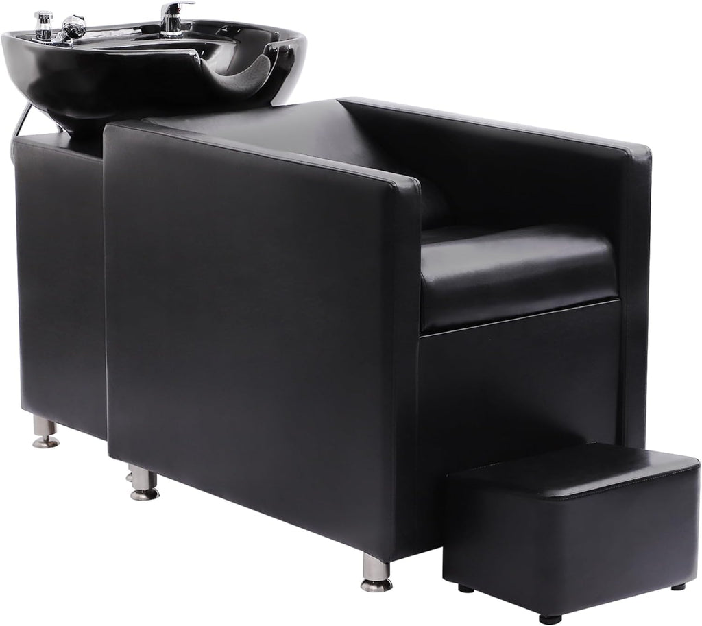 Shampoo Stations for Salon, Backwash Chair with Ceramic Bowl, Backwash Shampoo Unit with Foot Pedal, Sink Chair Station, Hair Washing Station for Barbershop (Black)