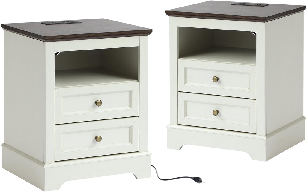 LOUVIXA Nightstand with Charging Station, Farmhouse Night Stand with 2 Drawers, Bedside Cabinet for Bedroom, End Table Side Table with Storage (1, White)