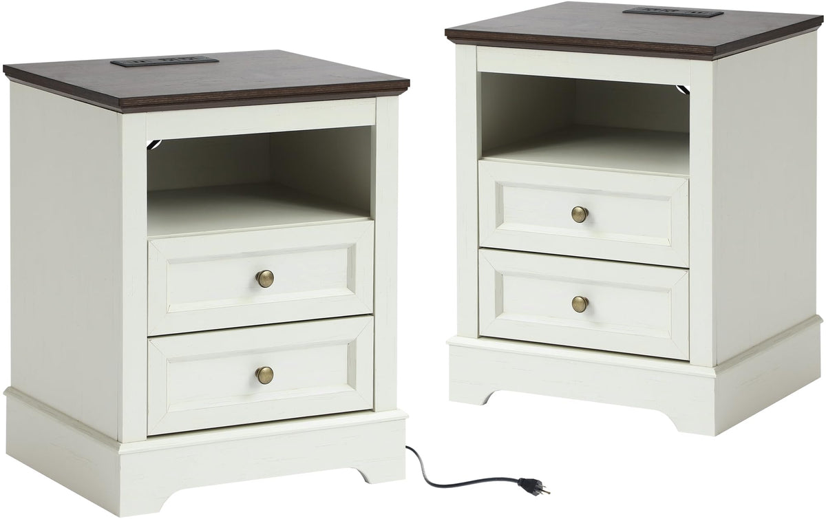 LOUVIXA Nightstand with Charging Station, Farmhouse Night Stand with 2 Drawers, Bedside Cabinet for Bedroom, End Table Side Table with Storage (1, White)