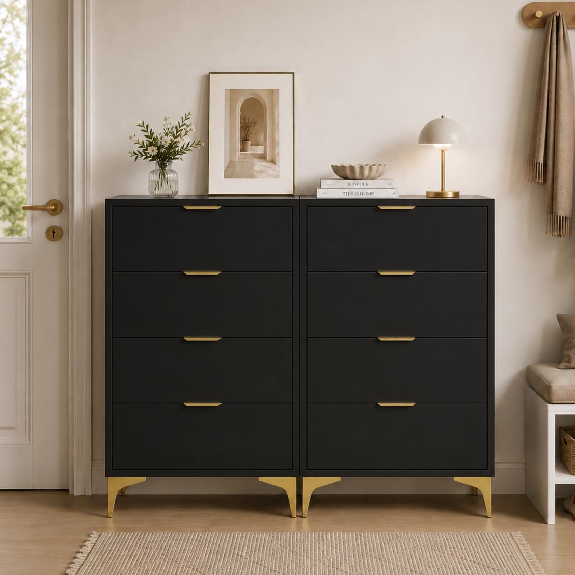 LOUVIXA Dresser for Bedroom with 4 Drawers, Wood Chest of Drawers, Dresser Storage Cabinet, 4 Drawer Dressers for Bedroom, Living Room, Entryway, Cloakroom (Black)