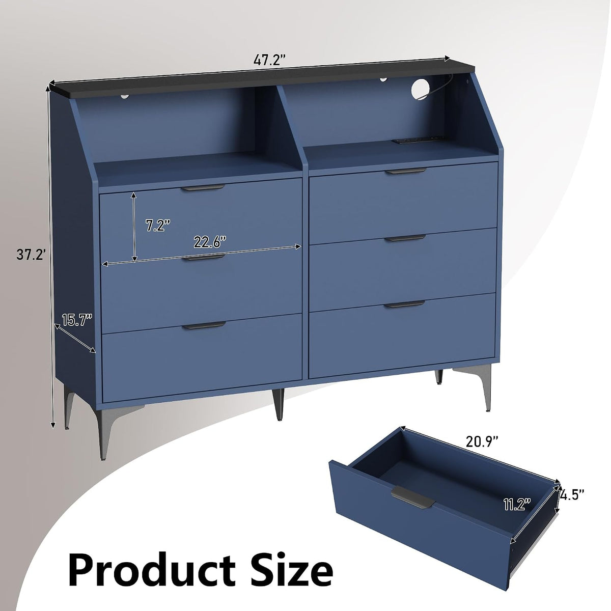 LOUVIXA 6 Drawer Dresser with LED Light, Chest of Drawers with Charging Station, Large Double Dressers, Wooden Dressers for Bedroom, Living Room, Entryway, Hallway (Blue)