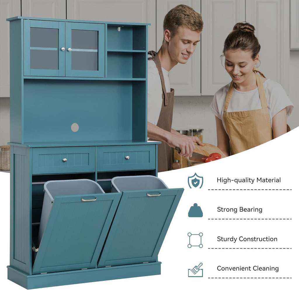 LOUVIXA 68.4" Kitchen Pantry Storage Cabinet, Freestanding Cupboard with Shelf, 2 Drawers and 1 Tilt Out Trash Cabinet, Tall Cabinets for Kitchen, Dinning Room, Living Room (White, Double Tilt)