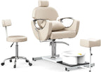 LOUVIXA Pedicure Station No Plumbing, Hydraulic Pedicure Chair for Nail Tech, Height Adjustable Reclining Pedicure Station Unit, with Massage Foot Bath (Cream White-Pillow)