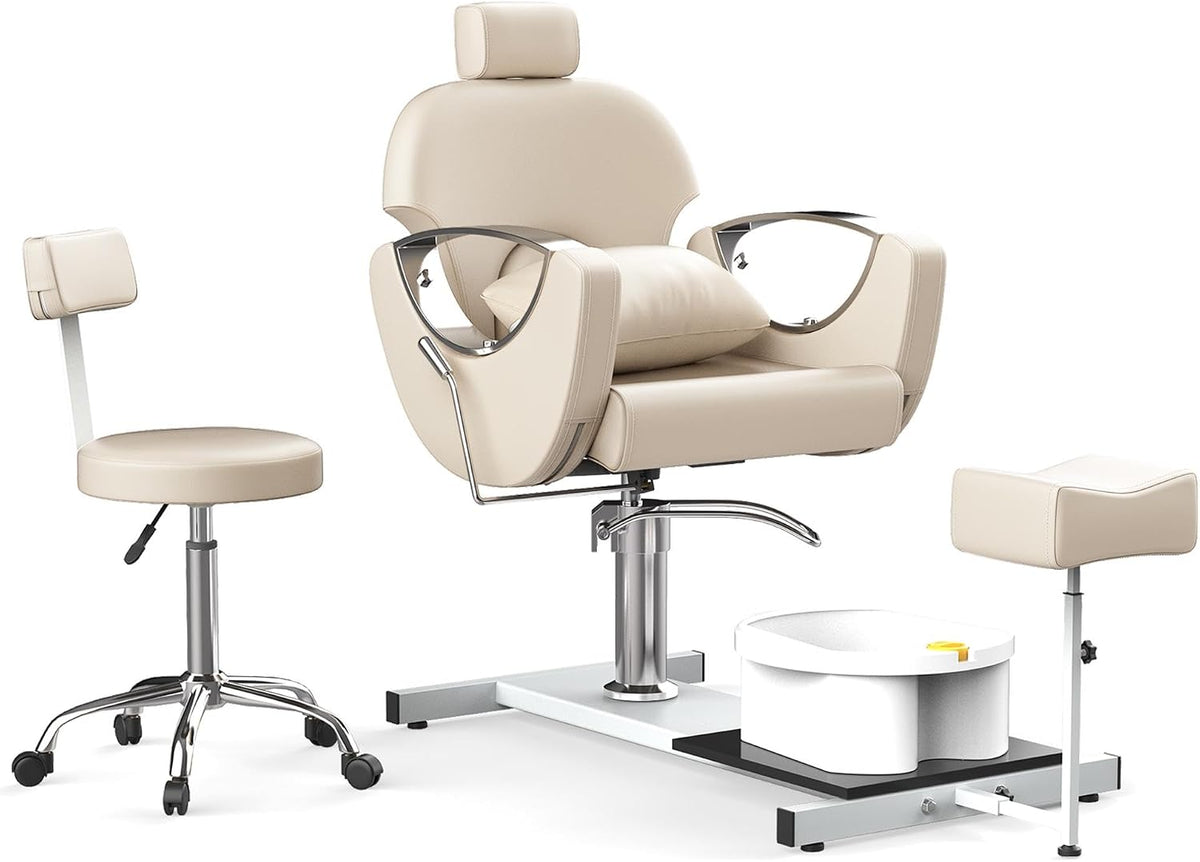 LOUVIXA Pedicure Station No Plumbing, Hydraulic Pedicure Chair for Nail Tech, Height Adjustable Reclining Pedicure Station Unit, with Massage Foot Bath (Cream White-Pillow)
