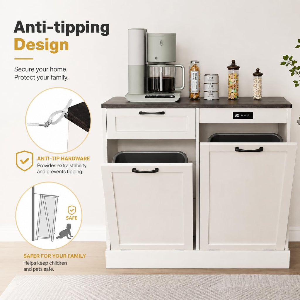 LOUVIXA Double Tilt Out Trash Cabinet, Kitchen Island with Trash Storage, Trashcan Cabinet for Kitchens, Wood Cabinet with Trash Can Pull Out, Dog Proof Trash Can (Off White, 20 Gal)