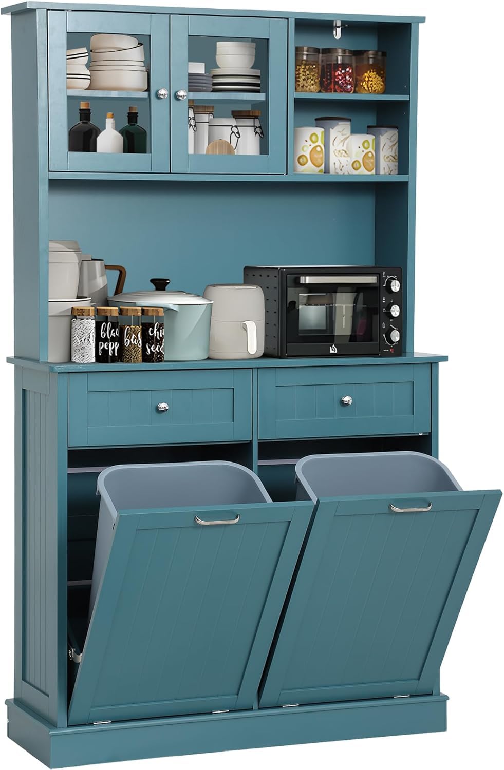 LOUVIXA 68.4" Kitchen Pantry Storage Cabinet, Freestanding Cupboard with Shelf, 2 Drawers and 1 Tilt Out Trash Cabinet, Tall Cabinets for Kitchen, Dinning Room, Living Room (White, Double Tilt)