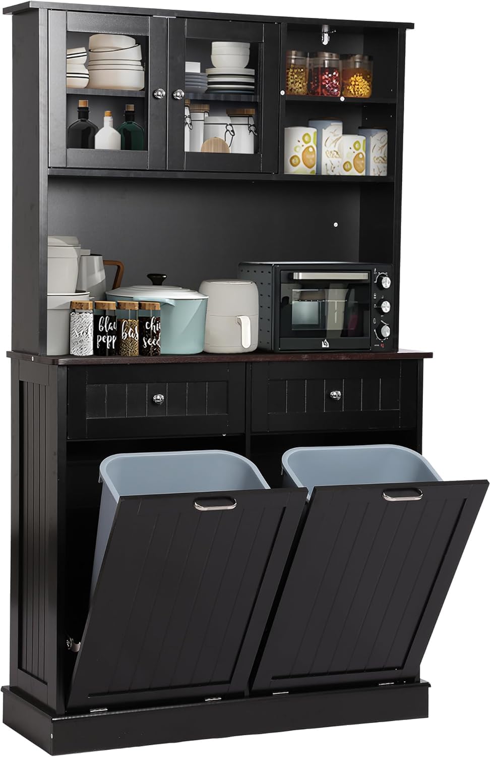 LOUVIXA 68.4" Kitchen Pantry Storage Cabinet, Freestanding Cupboard with Shelf, 2 Drawers and 1 Tilt Out Trash Cabinet, Tall Cabinets for Kitchen, Dinning Room, Living Room (White, Double Tilt)