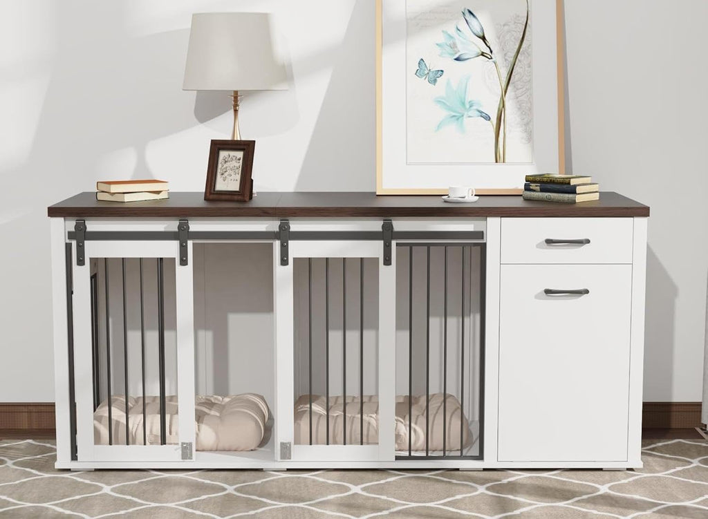 71" Large Dog Crate Furniture for 2 Dogs, Wooden Dog Kennel with Drawer, Furniture Style Dog Crates, Decorative Dog Crate with Tilt Out Trash Cabinet, Divider and Sliding Barn Door (White)