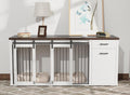 71" Large Dog Crate Furniture for 2 Dogs, Wooden Dog Kennel with Drawer, Furniture Style Dog Crates, Decorative Dog Crate with Tilt Out Trash Cabinet, Divider and Sliding Barn Door (White)