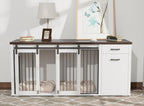 71" Large Dog Crate Furniture for 2 Dogs, Wooden Dog Kennel with Drawer, Furniture Style Dog Crates, Decorative Dog Crate with Tilt Out Trash Cabinet, Divider and Sliding Barn Door (White)