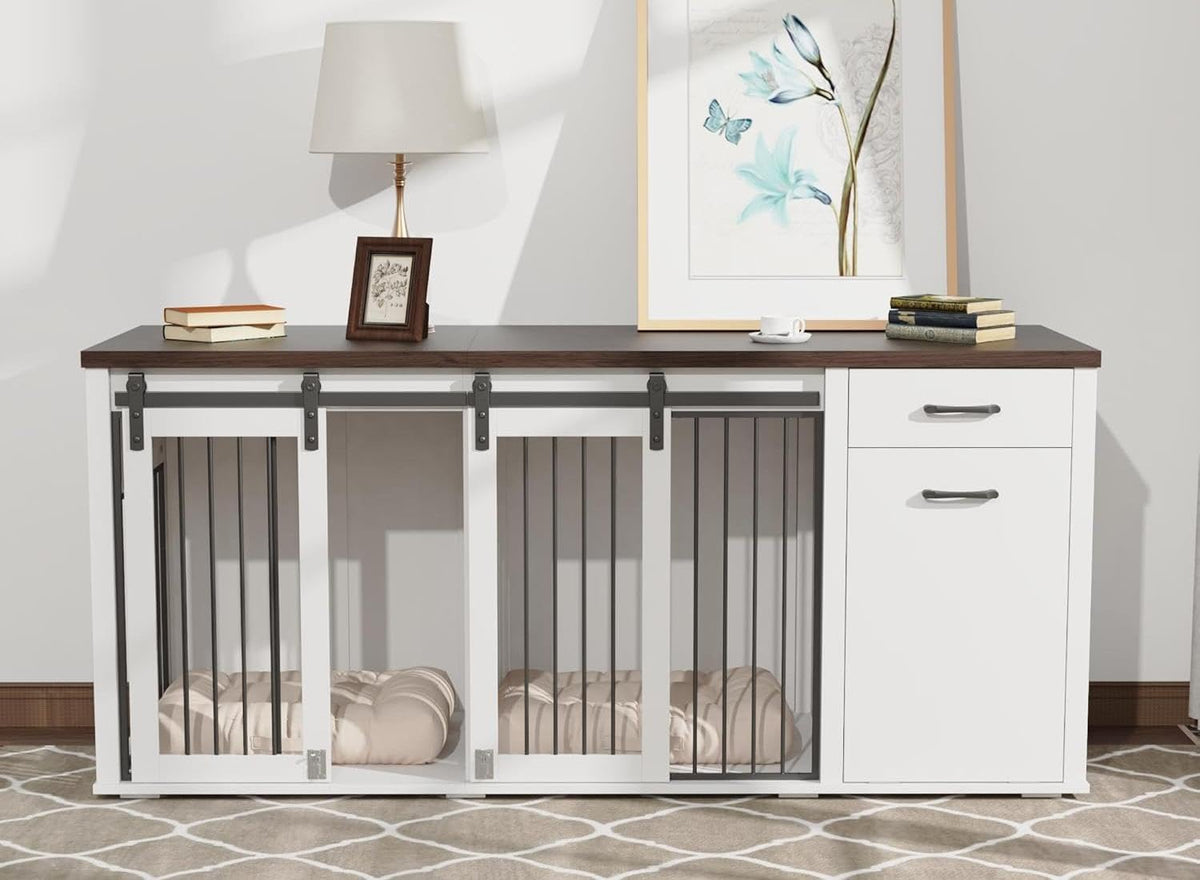 71" Large Dog Crate Furniture for 2 Dogs, Wooden Dog Kennel with Drawer, Furniture Style Dog Crates, Decorative Dog Crate with Tilt Out Trash Cabinet, Divider and Sliding Barn Door (White)