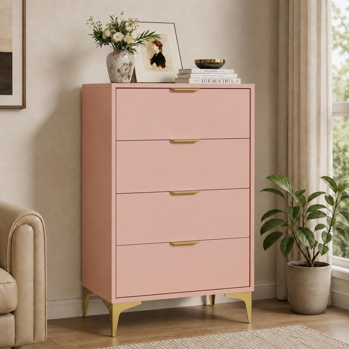 LOUVIXA Dresser for Bedroom with 4 Drawers, Wood Chest of Drawers, Dresser Storage Cabinet, 4 Drawer Dressers for Bedroom, Living Room, Entryway, Cloakroom (Black)