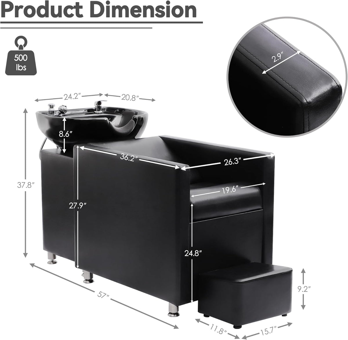 Shampoo Stations for Salon, Backwash Chair with Ceramic Bowl, Backwash Shampoo Unit with Foot Pedal, Sink Chair Station, Hair Washing Station for Barbershop (Black)