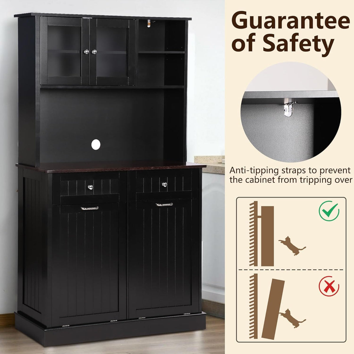 LOUVIXA 68.4" Kitchen Pantry Storage Cabinet, Freestanding Cupboard with Shelf, 2 Drawers and 1 Tilt Out Trash Cabinet, Tall Cabinets for Kitchen, Dinning Room, Living Room (White, Double Tilt)