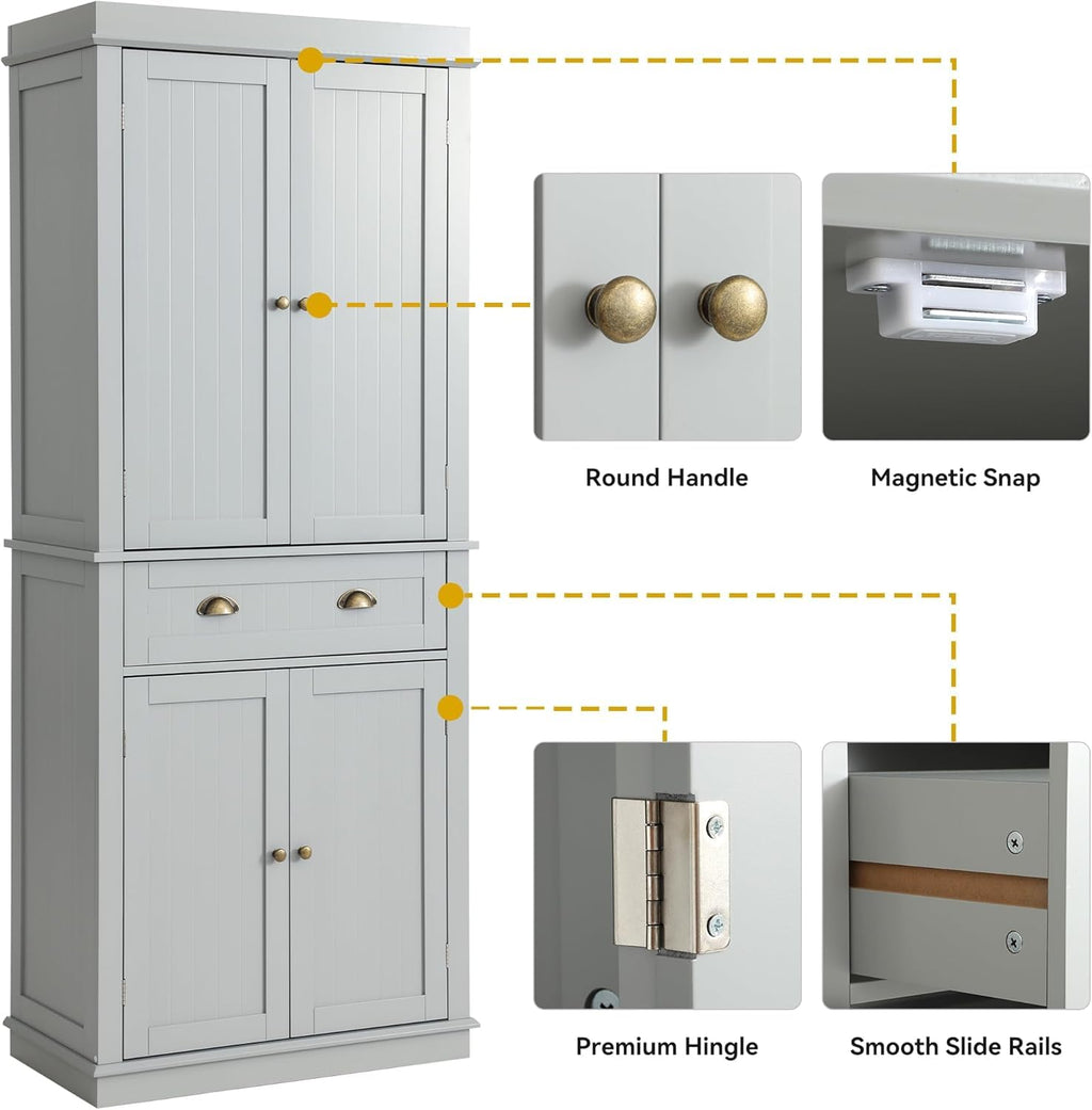 LOUVIXA 72" Kitchen Pantry Storage Cabinet, Freestanding Cupboard with 2 Cabinets, Drawer and Adjustable Shelves, Tall Storage Cabinet for Kitchen, Dinning Room, Living Room (White)