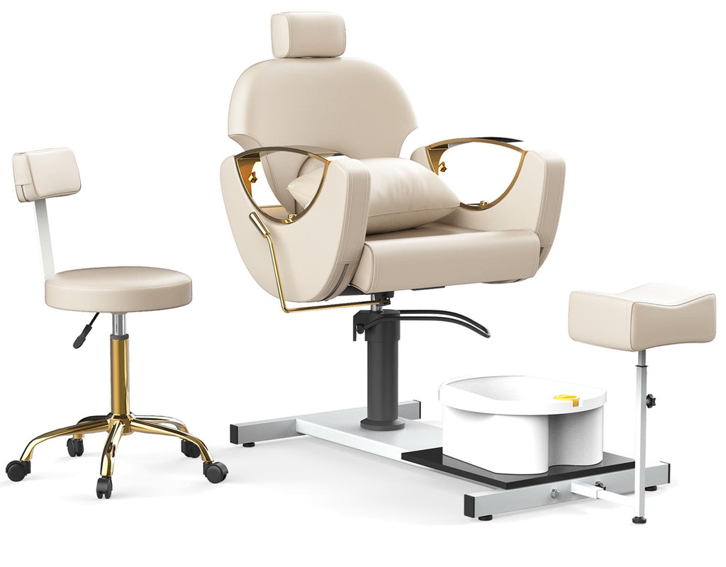 LOUVIXA Pedicure Station No Plumbing, Hydraulic Pedicure Chair for Nail Tech, Height Adjustable Reclining Pedicure Station Unit, with Massage Foot Bath (Cream White-Pillow)