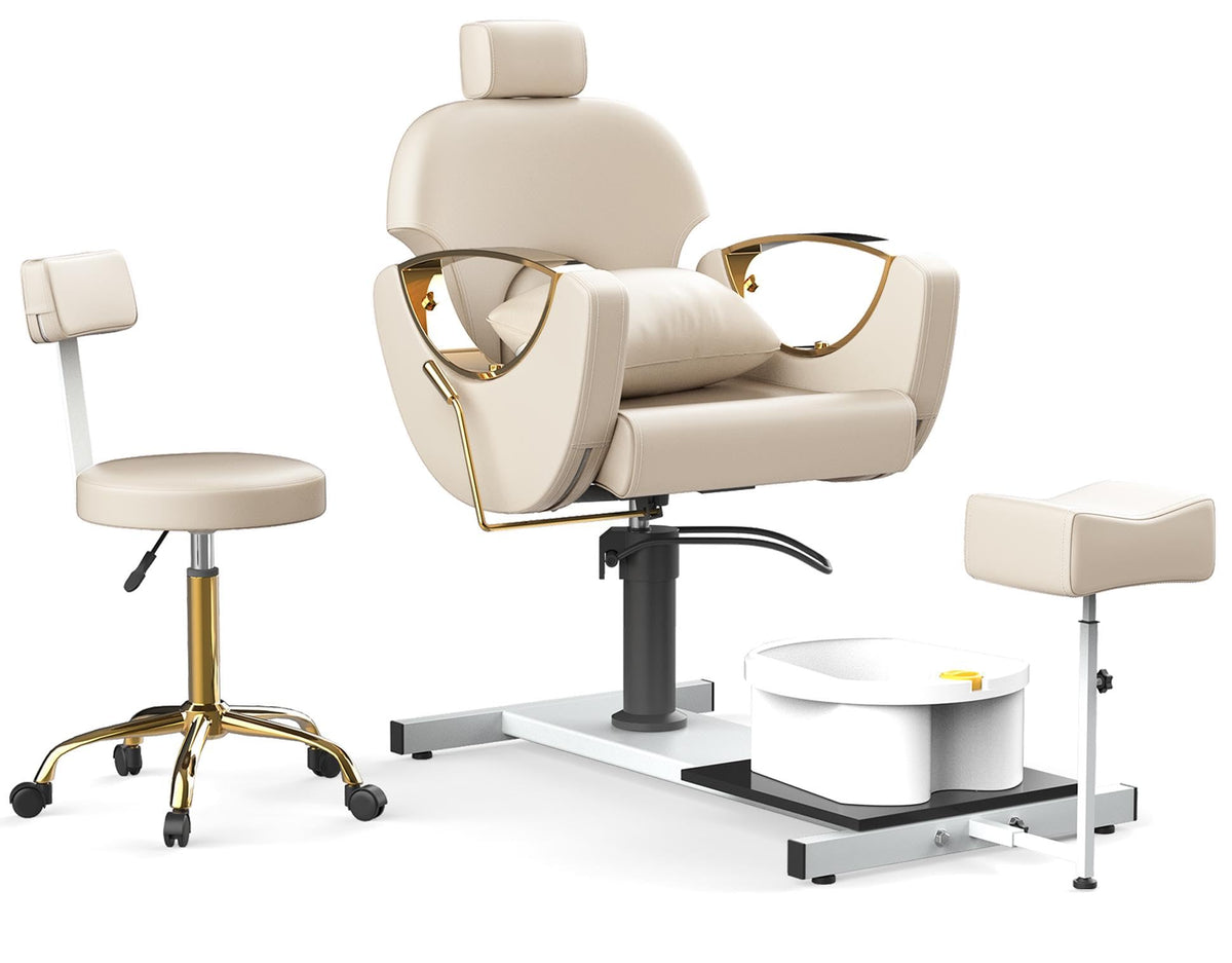 LOUVIXA Pedicure Station No Plumbing, Hydraulic Pedicure Chair for Nail Tech, Height Adjustable Reclining Pedicure Station Unit, with Massage Foot Bath (Cream White-Pillow)