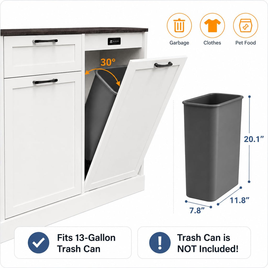 LOUVIXA Double Tilt Out Trash Cabinet, Kitchen Island with Trash Storage, Trashcan Cabinet for Kitchens, Wood Cabinet with Trash Can Pull Out, Dog Proof Trash Can (Off White, 20 Gal)