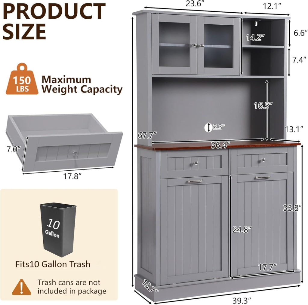 LOUVIXA 68.4" Kitchen Pantry Storage Cabinet, Freestanding Cupboard with Shelf, 2 Drawers and 1 Tilt Out Trash Cabinet, Tall Cabinets for Kitchen, Dinning Room, Living Room (White, Double Tilt)