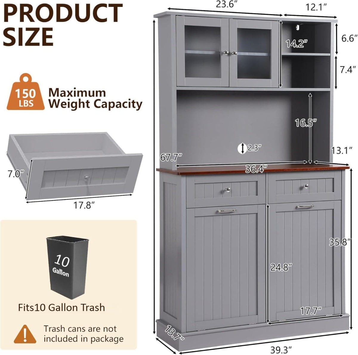 LOUVIXA 68.4" Kitchen Pantry Storage Cabinet, Freestanding Cupboard with Shelf, 2 Drawers and 1 Tilt Out Trash Cabinet, Tall Cabinets for Kitchen, Dinning Room, Living Room (White, Double Tilt)