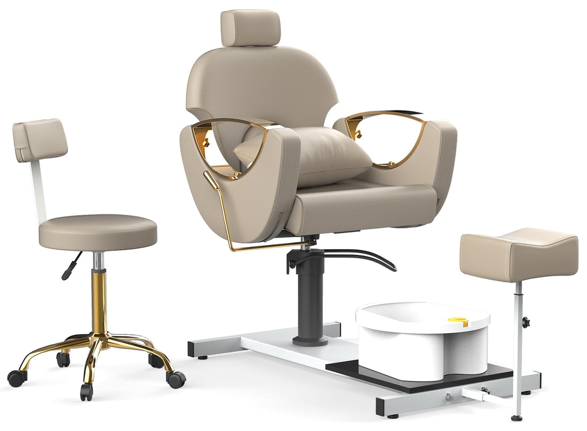LOUVIXA Pedicure Station No Plumbing, Hydraulic Pedicure Chair for Nail Tech, Height Adjustable Reclining Pedicure Station Unit, with Massage Foot Bath (Cream White-Pillow)