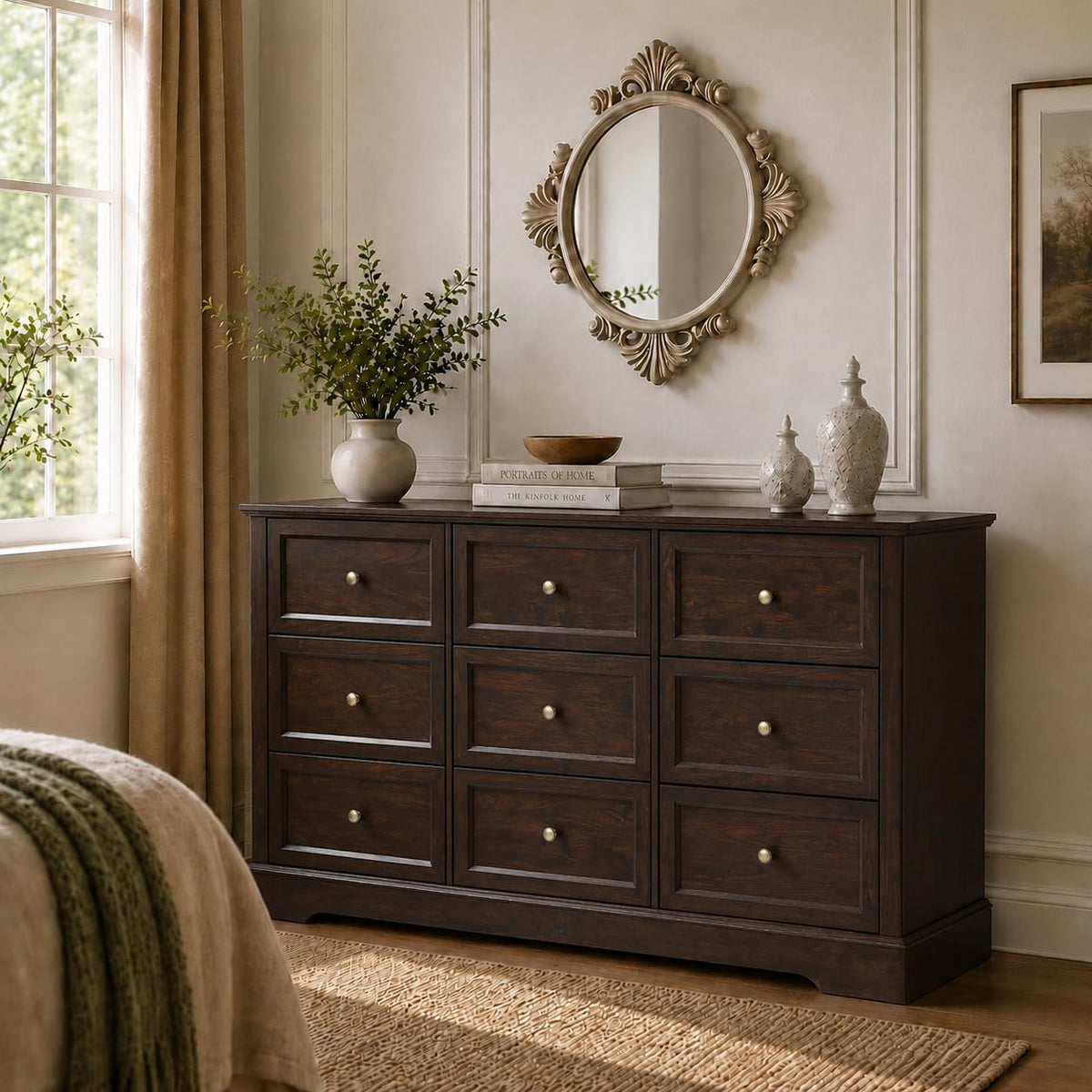 LOUVIXA Farmhouse Dresser 9 Drawer, Bedroom Chest of Drawers, Dressers with 9 Drawers, Wooden Dressers for Bedroom, Living Room, Tv Stand, Entryway(Rustic Yellow)