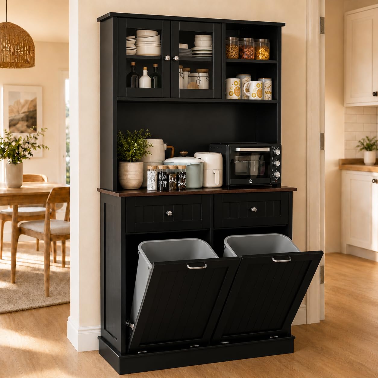 68.4" Kitchen Pantry Storage Cabinet, Freestanding Cupboard with Shelf, 2 Drawers and 2 Tilt Out Trash Cabinet, Tall Cabinets for Kitchen, Dinning Room, Living Room (Elegant Grey, Double Tilt)