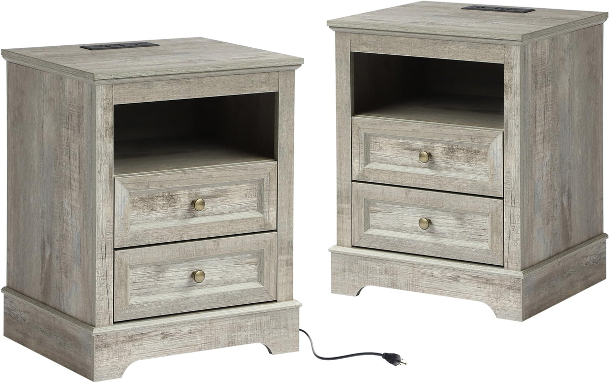 LOUVIXA Nightstand with Charging Station, Farmhouse Night Stand with 2 Drawers, Bedside Cabinet for Bedroom, End Table Side Table with Storage (1, White)