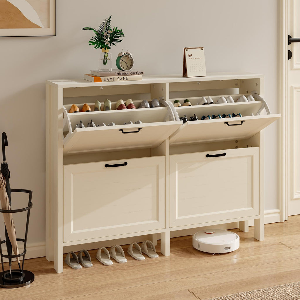 LOUVIXA Shoe Cabinet with 4 Flip Drawers, Narrow Shoe Storage Cabinet, Freestanding Shoe Cabinet Organizer, Hidden Shoe Rack Cabinet for Entryway, Hallway (4-Drawers, Brown/4-drawers)