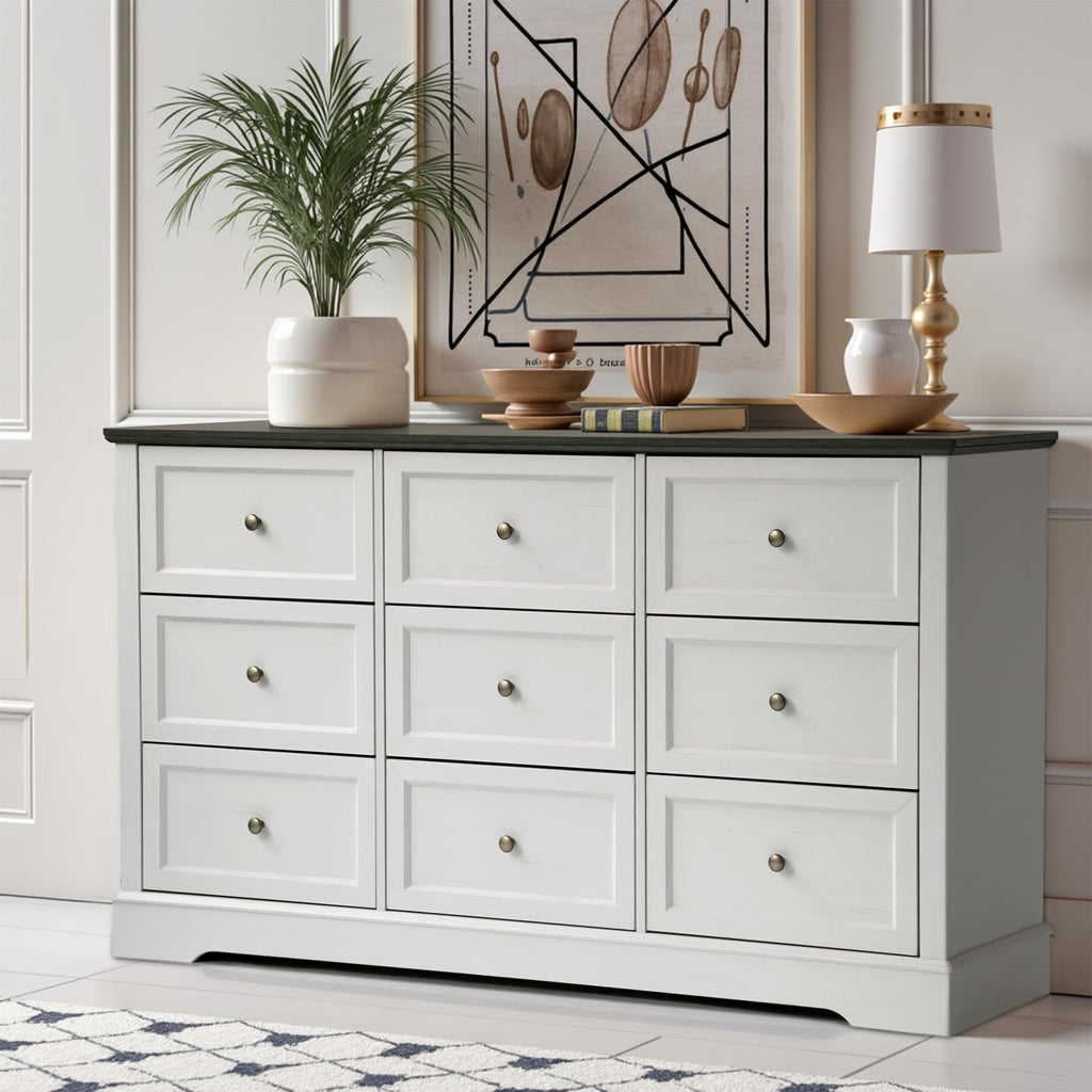 LOUVIXA Farmhouse Dresser 9 Drawer, Bedroom Chest of Drawers, Dressers with 9 Drawers, Wooden Dressers for Bedroom, Living Room, Tv Stand, Entryway(Rustic Yellow)