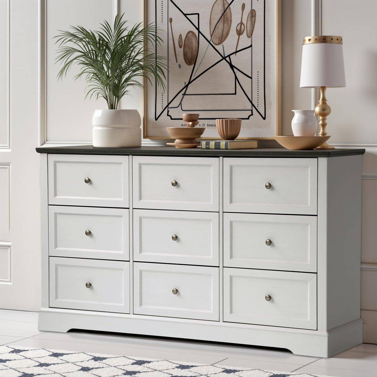 LOUVIXA Farmhouse Dresser 9 Drawer, Bedroom Chest of Drawers, Dressers with 9 Drawers, Wooden Dressers for Bedroom, Living Room, Tv Stand, Entryway(Rustic Yellow)