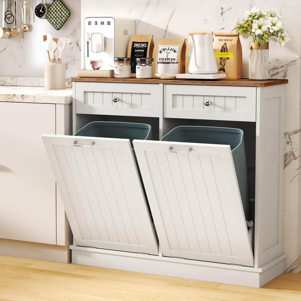 LOUVIXA Tilt Out Trash Can Cabinet Dog Proof with Double Wood Hidden Trash Can Holder, Kitchen Free Standing Recycling Cabinet（Black）