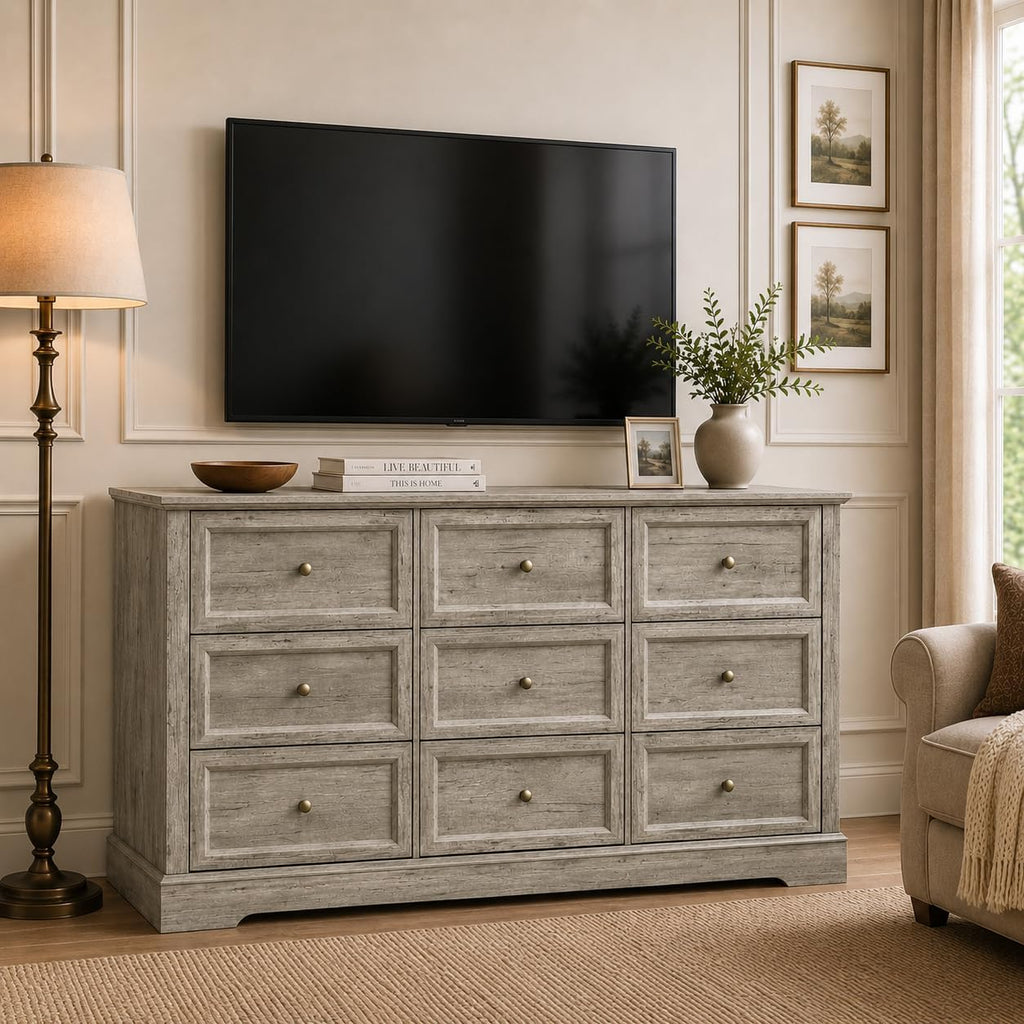 LOUVIXA Farmhouse Dresser 9 Drawer, Bedroom Chest of Drawers, Dressers with 9 Drawers, Wooden Dressers for Bedroom, Living Room, Tv Stand, Entryway(Rustic Yellow)