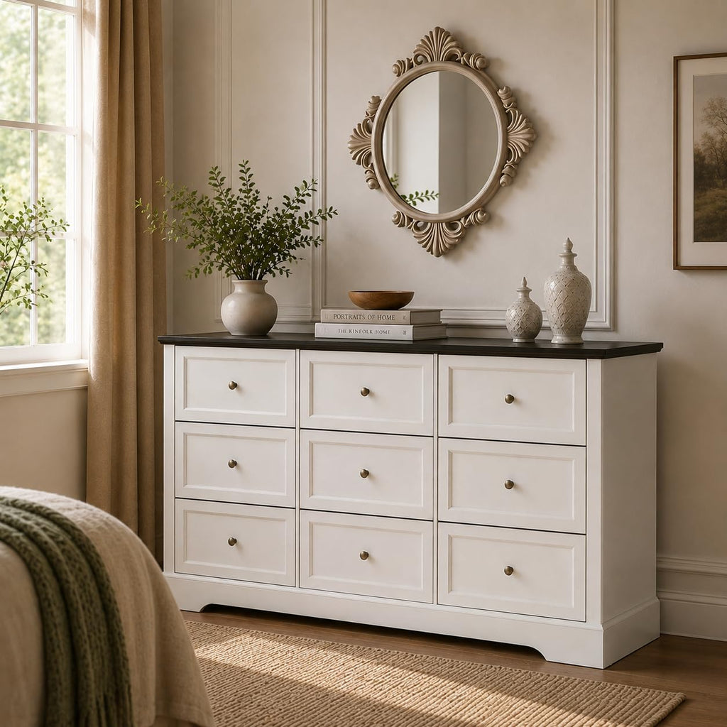 LOUVIXA Farmhouse Dresser 9 Drawer, Bedroom Chest of Drawers, Dressers with 9 Drawers, Wooden Dressers for Bedroom, Living Room, Tv Stand, Entryway(Rustic Yellow)