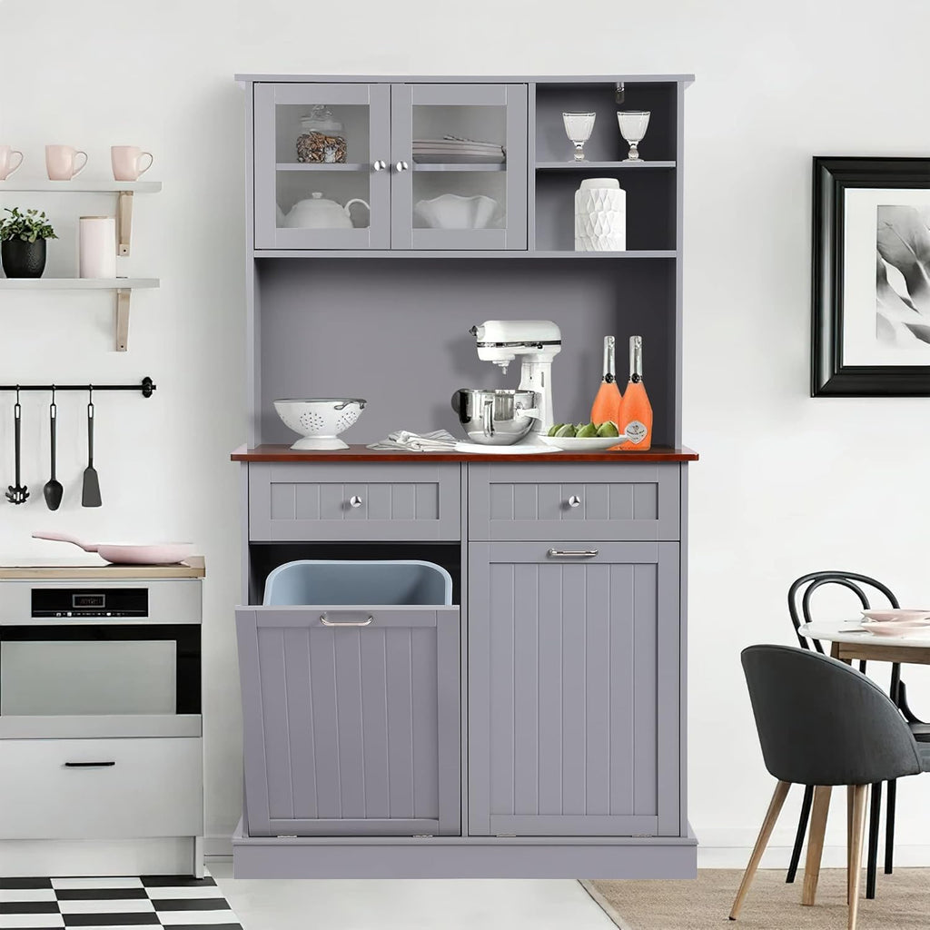 LOUVIXA 68.4" Kitchen Pantry Storage Cabinet, Freestanding Cupboard with Shelf, 2 Drawers and 1 Tilt Out Trash Cabinet, Tall Cabinets for Kitchen, Dinning Room, Living Room (White, Double Tilt)