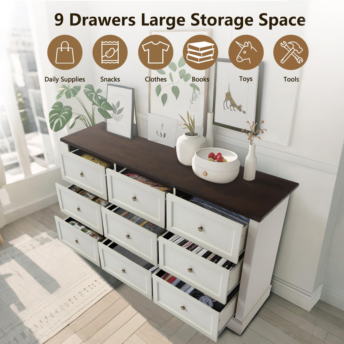 LOUVIXA Farmhouse Bedroom Sets of 3, Including 9 Drawer Dresser, Nightstand Set of 2 with Charging Station (Grey Sets)