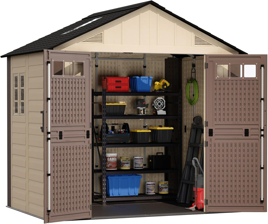 8x6 Resin Shed with Floor, Plastic Storage Shed with Window, Outside Storage Sheds with Lockable Door, Vents for Backyard, Garden, Lawn (8FTx6FT)