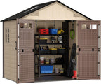 8x6 Resin Shed with Floor, Plastic Storage Shed with Window, Outside Storage Sheds with Lockable Door, Vents for Backyard, Garden, Lawn (8FTx6FT)