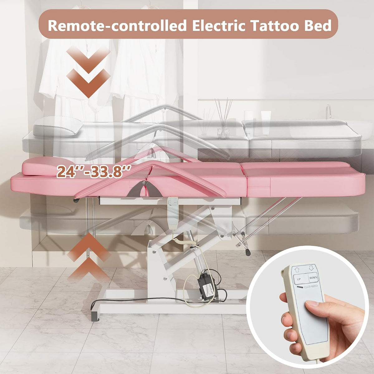 LOUVIXA Electric Height Adjustable Tattoo Bed, Electric Lift Massage Table, Multi-Purpose Massage Tattoo Lash Waxing Table for Beauty Barber Spa, Height Backrest Footrest Adjustable (Pink)