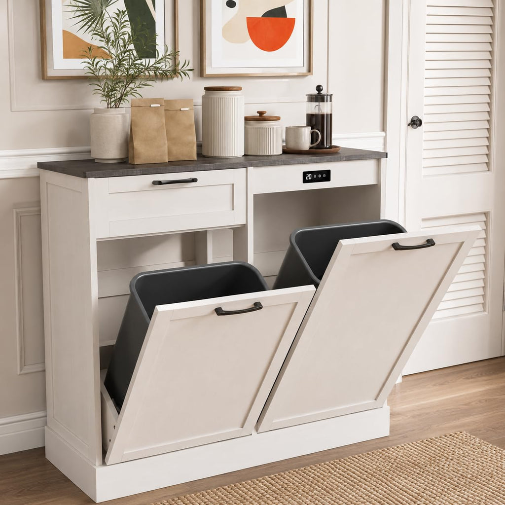 LOUVIXA Double Tilt Out Trash Cabinet, Kitchen Island with Trash Storage, Trashcan Cabinet for Kitchens, Wood Cabinet with Trash Can Pull Out, Dog Proof Trash Can (Off White, 20 Gal)