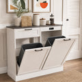 LOUVIXA Double Tilt Out Trash Cabinet, Kitchen Island with Trash Storage, Trashcan Cabinet for Kitchens, Wood Cabinet with Trash Can Pull Out, Dog Proof Trash Can (Off White, 20 Gal)