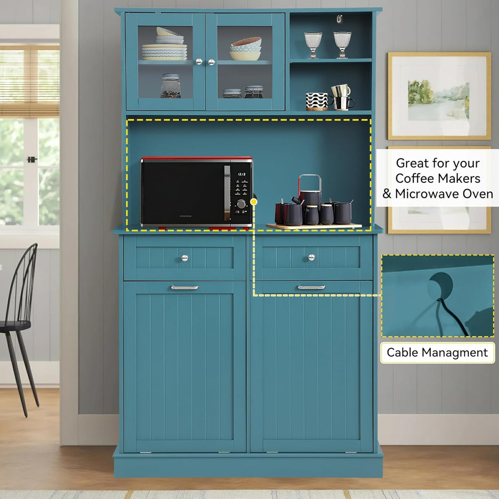 LOUVIXA 68.4" Kitchen Pantry Storage Cabinet, Freestanding Cupboard with Shelf, 2 Drawers and 1 Tilt Out Trash Cabinet, Tall Cabinets for Kitchen, Dinning Room, Living Room (White, Double Tilt)